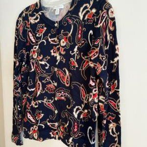 Charter Club Navy Blue Paisley Cardigan with White and Gold Buttons, Size Small